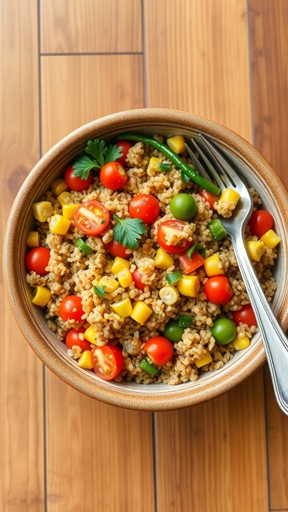 A bowl of quinoa with bell peppers, tomatoes, and corn, garnished with herbs on a wooden table.